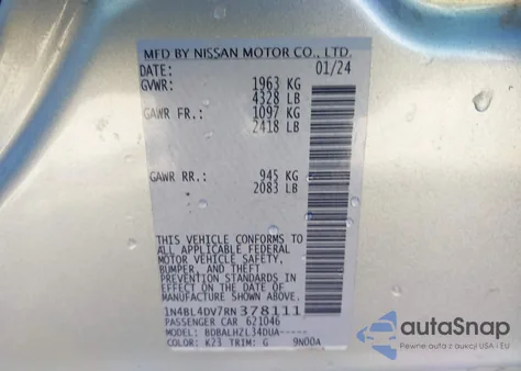 2024 Nissan Altima Sv Fwd из США, поврежденный, VIN 1N4BL4DV7RN378111